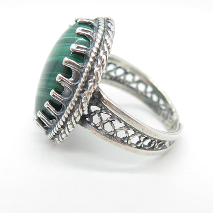 925 Sterling Silver Vintage Israel Real Malachite Gemstone Ethnic Ring Size 6.5