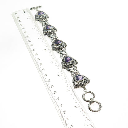 925 Sterling Silver Real Amethyst Gemstone Ornate Bracelet 8"