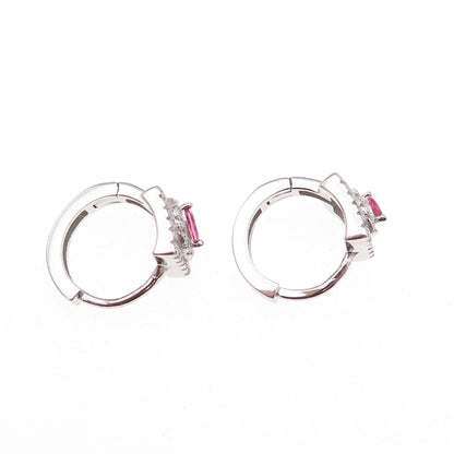 925 Sterling Silver Pink & White C Z Hoop Earrings
