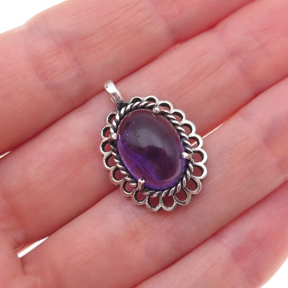 925 Sterling Silver Vintage Real Amethyst Floral Oxidized Charm Pendant
