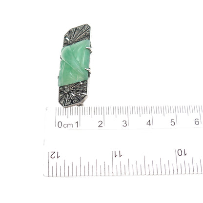 925 Sterling Silver Antique Faux Jade & Real Marcasite Oxidized Pin Brooch