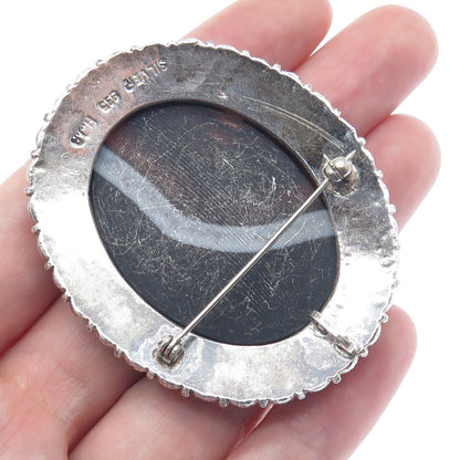 BETHLEHEM H. J. A. 935 Silver Vintage Real Agate Filigree Oxidized Pin Brooch