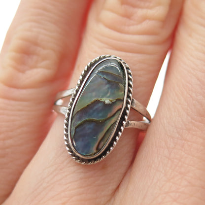 925 Sterling Silver Vintage Mexico Real Abalone Shell Oxidized Ring Size 5.75