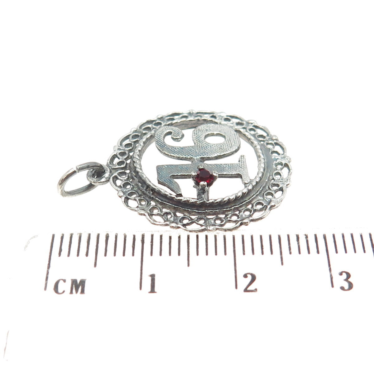 925 Sterling Silver Vintage Red Glass Sweet 16 Ornate Pendant