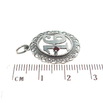 925 Sterling Silver Vintage Red Glass Sweet 16 Ornate Pendant