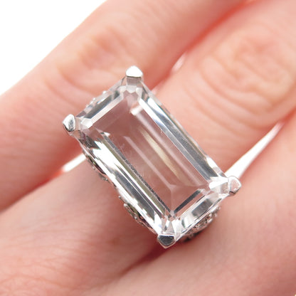 925 Sterling Silver Real White Topaz & Black Spinel Ring Size 6