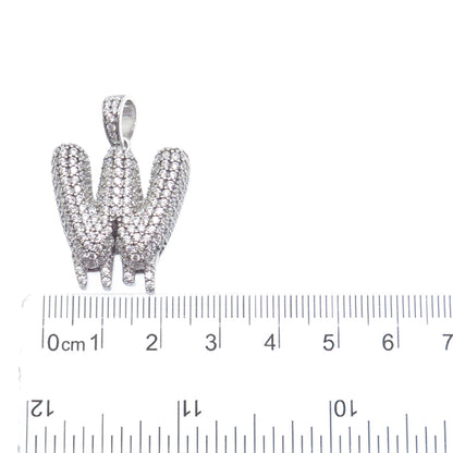 925 Sterling Silver Round-Cut C Z Sparkle Melted Letter W Initial Charm Pendant