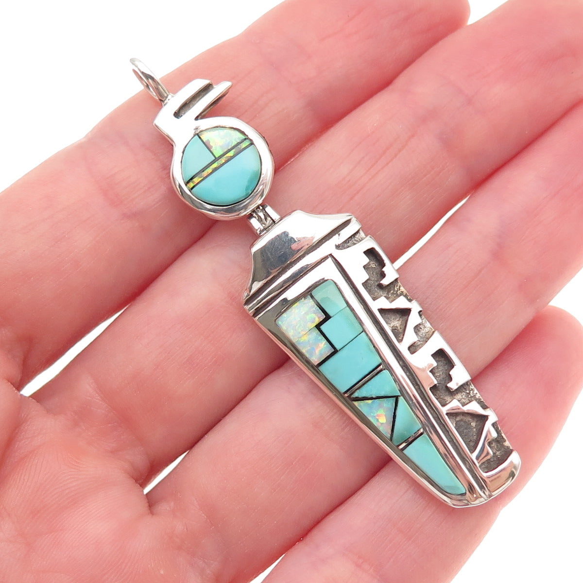 Ervin Hoskie Navajo Old Pawn 925 Sterling Silver Vintage Turquoise Opal Pendant