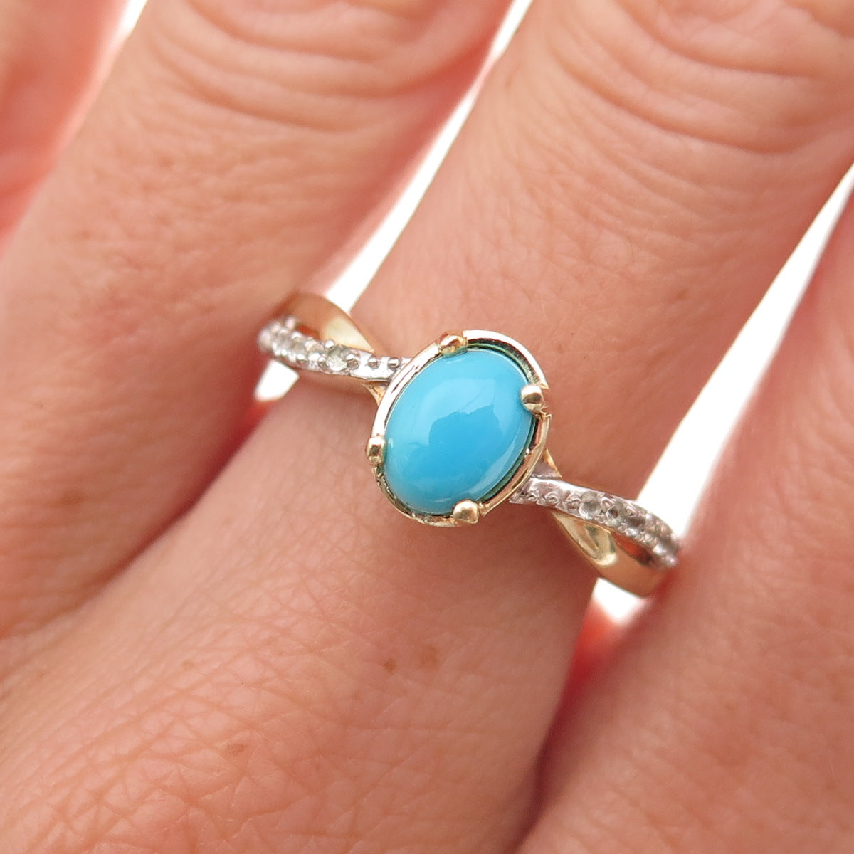 Chuck Clemency 925 Sterling Gold Plated Real Turquoise & White Topaz Ring Size 7