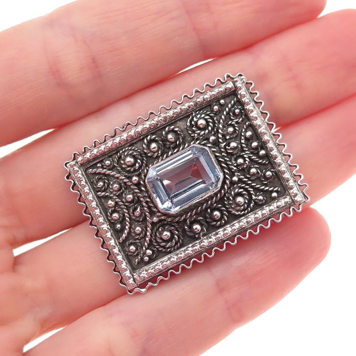 925 Sterling Silver Vintage Jerusalem Israel Blue Crystal Oxidized Pin Brooch