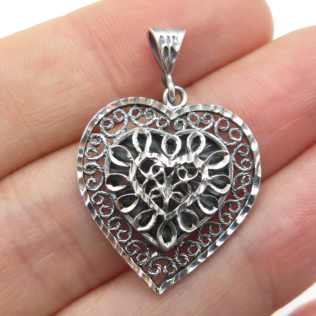 MORNING SUN 925 Sterling Silver Vintage Ornate Heart Oxidized Pendant