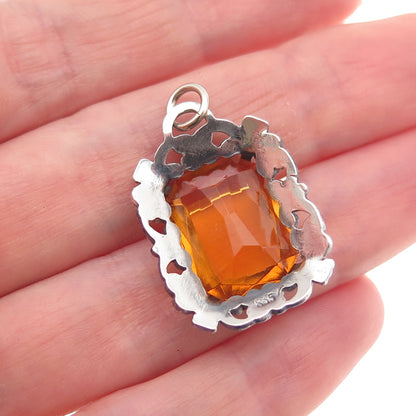 835 Silver Antique Art Deco Real Citrine Floral Oxidized Charm Pendant