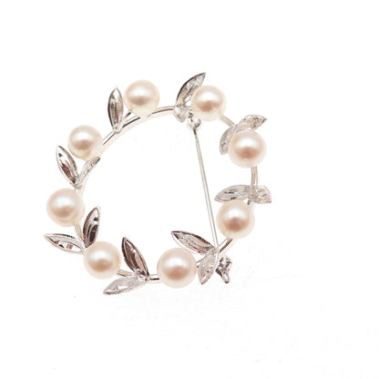 925 Sterling Silver Antique Real Akoya Pearl Floral Circle of Life Pin Brooch