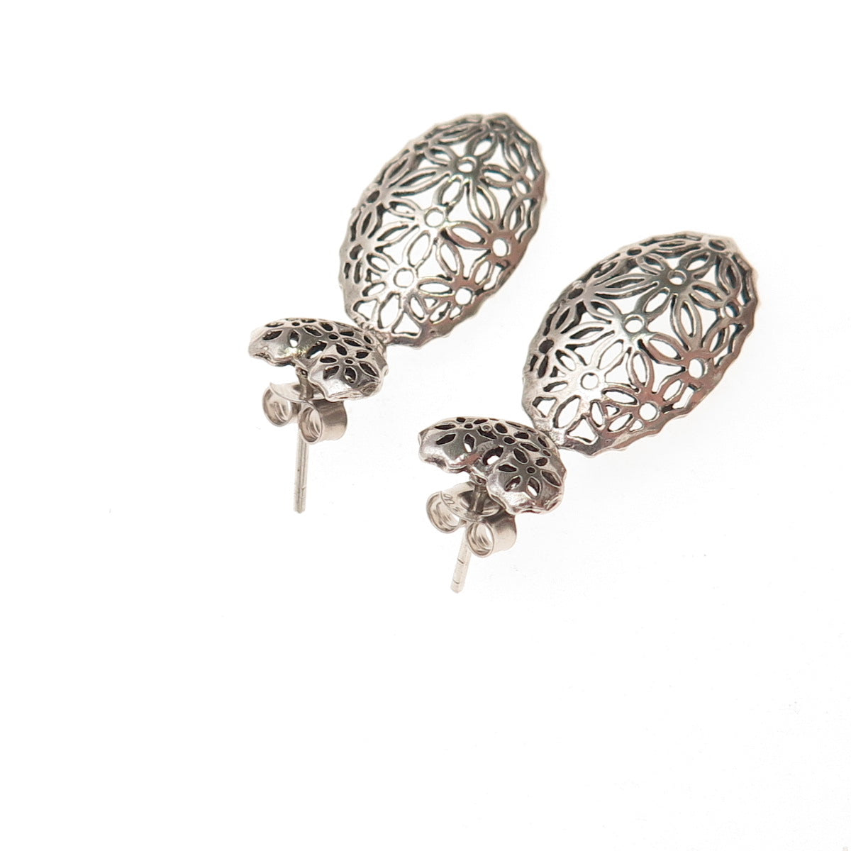 925 Sterling Silver Vintage Floral Ornate Oxidized Dangle Earrings