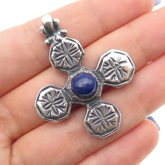 925 Sterling Silver Vintage Real Lapis Lazuli Cross Oxidized Pendant