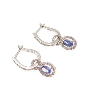 925 Sterling Silver Real Tanzanite & White Topaz Dangle Charm Hoop Earrings