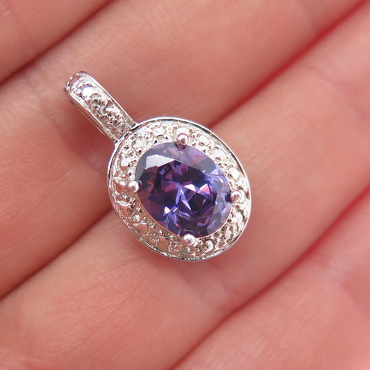 925 Sterling Silver Real Diamond Accent & Amethyst Mini Charm Pendant