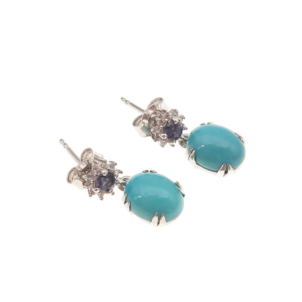 925 Sterling Silver Real Turquoise Tanzanite & White Topaz Dangle Earrings