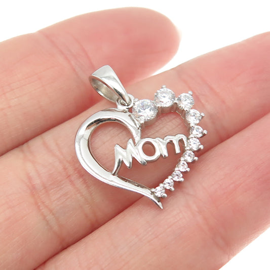 HAN 925 Sterling Silver Round-Cut C Z "Mom" Heart Pendant