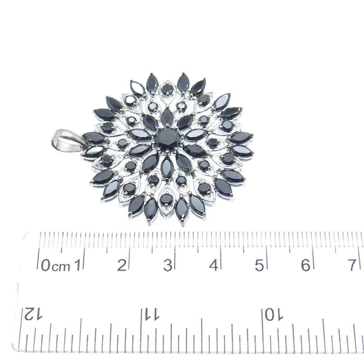 925 Sterling Silver Round & Marquise-Cut Black C Z Flower Cluster Charm Pendant