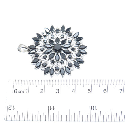 925 Sterling Silver Round & Marquise-Cut Black C Z Flower Cluster Charm Pendant
