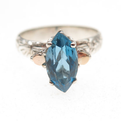 925 Sterling Silver 2-Tone Vintage Real Marquise-Cut Blue Topaz Ring Size 7.75