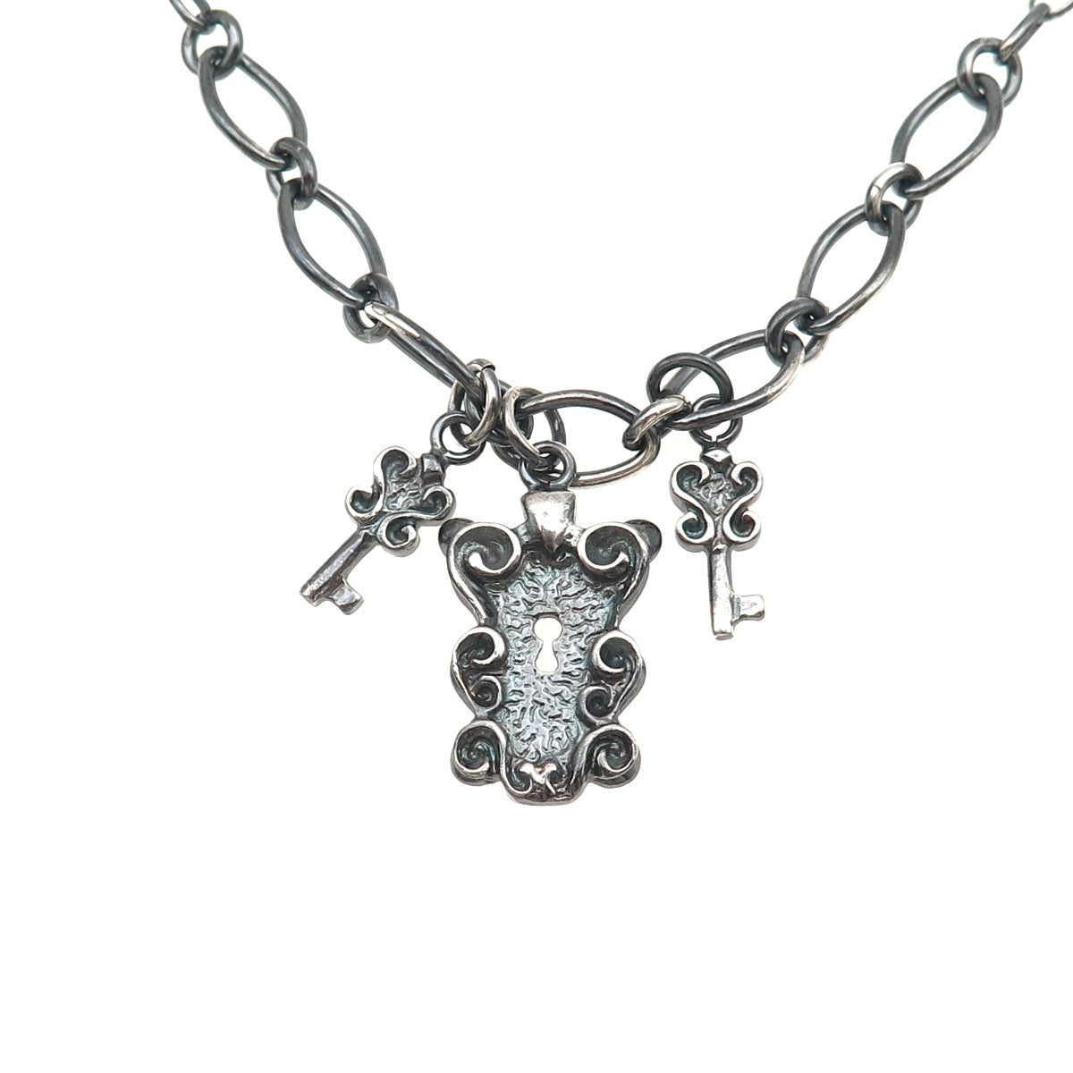 925 Sterling Silver Vintage Italy Lock & Key Oxidized Chain Necklace 16"
