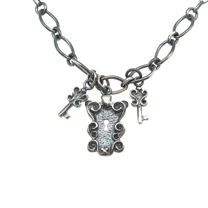 925 Sterling Silver Vintage Italy Lock & Key Oxidized Chain Necklace 16"