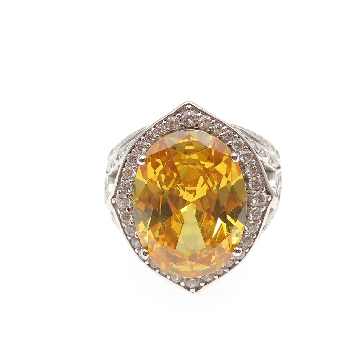 925 Sterling Silver Oval-Cut Canary & Round-Cut White C Z Ring Size 7
