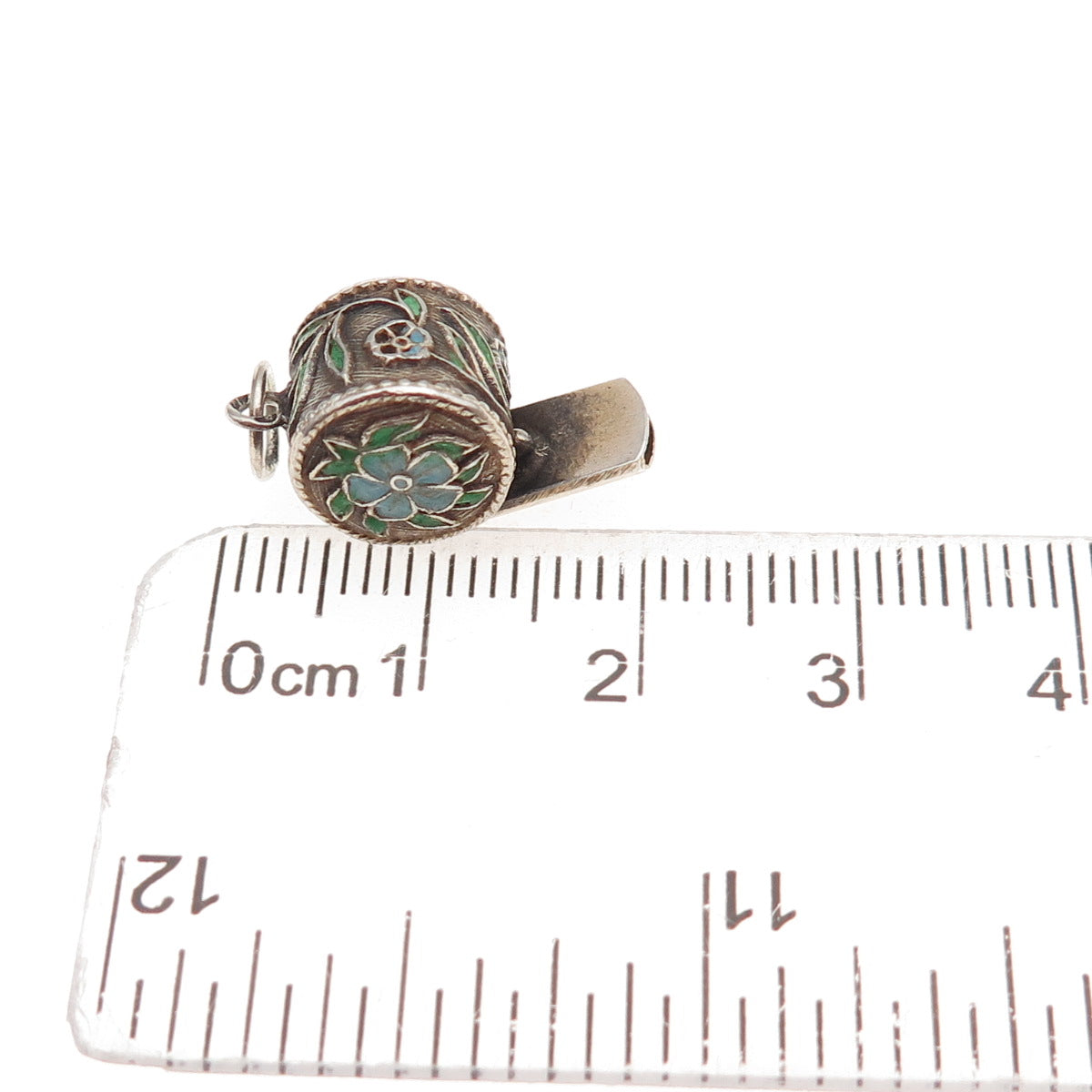 925 Sterling Silver Gold Plated Antique Art Deco Enamel Floral Whistle Pendant