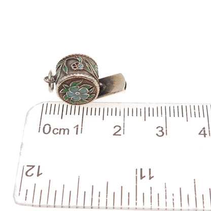 925 Sterling Silver Gold Plated Antique Art Deco Enamel Floral Whistle Pendant