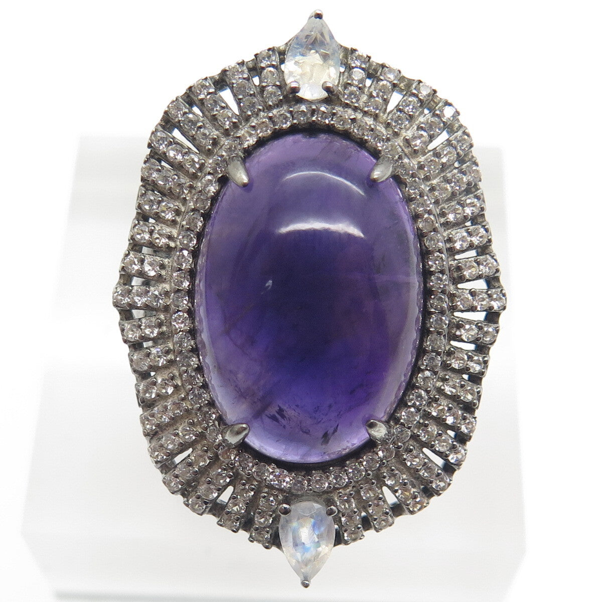 925 Sterling Silver Black Rhodium Vintage Amethyst Moonstone & Topaz Ring Size 7