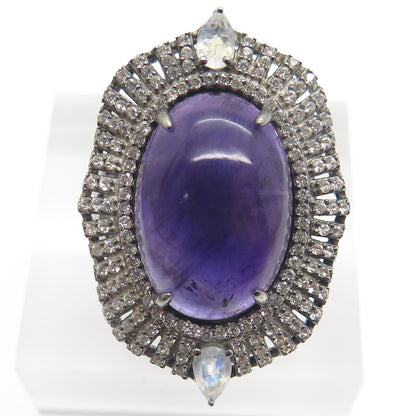 925 Sterling Silver Black Rhodium Vintage Amethyst Moonstone & Topaz Ring Size 7