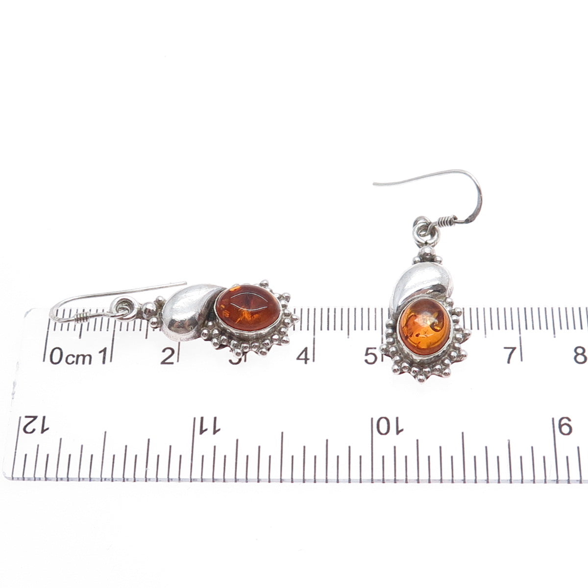 925 Sterling Silver Vintage Real Amber Modernist Granulated Dangle Earrings