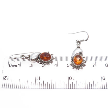 925 Sterling Silver Vintage Real Amber Modernist Granulated Dangle Earrings