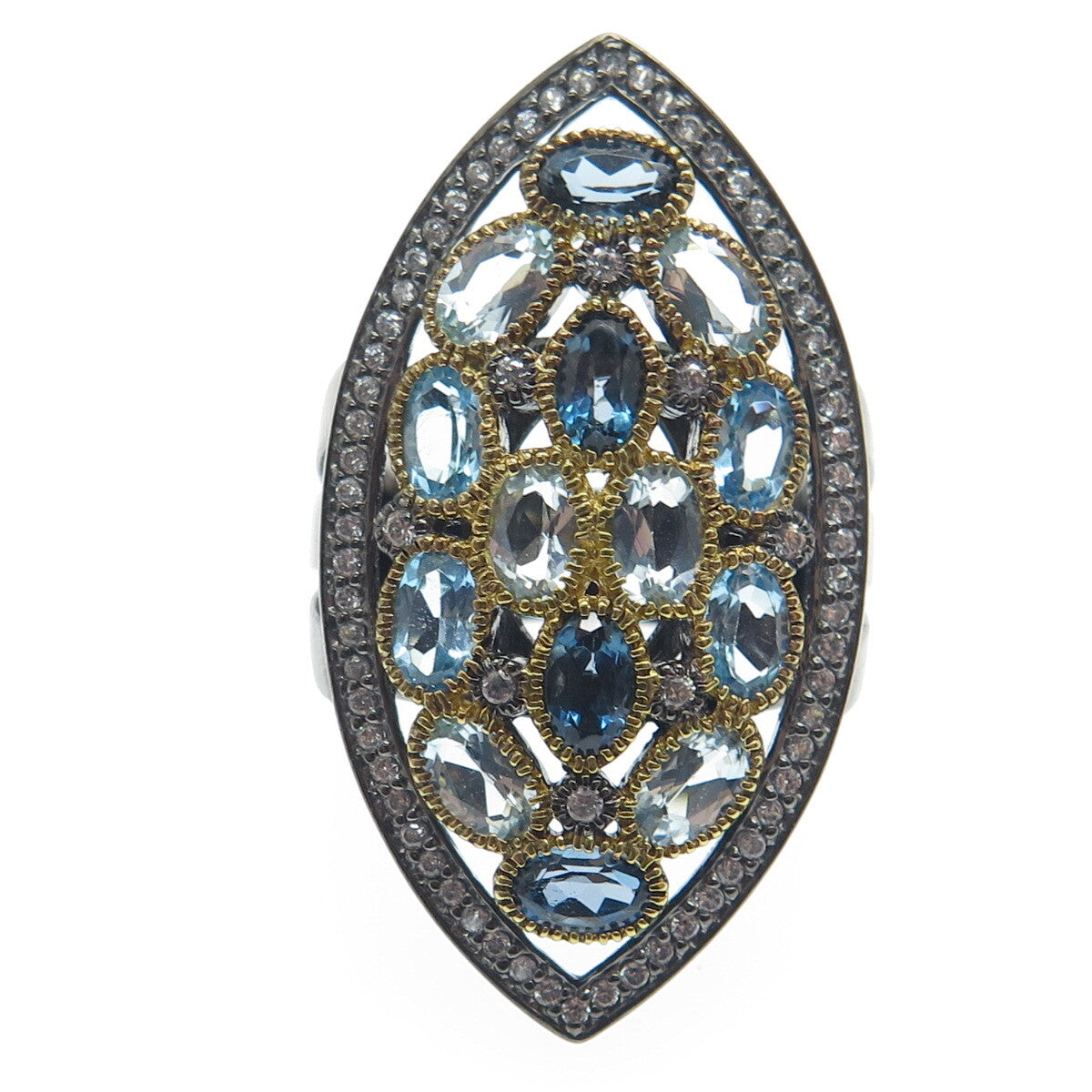 DSMK Sterling Silver Black Rhodium London Swiss Blue White Topaz Ring Size 6.25