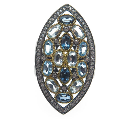 DSMK Sterling Silver Black Rhodium London Swiss Blue White Topaz Ring Size 6.25