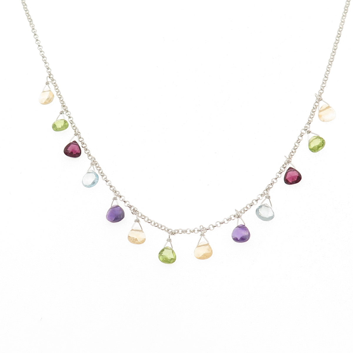 Gold Stone 925 Sterling Silver Vintage Real Multi-Gem Cable Chain Necklace 18"