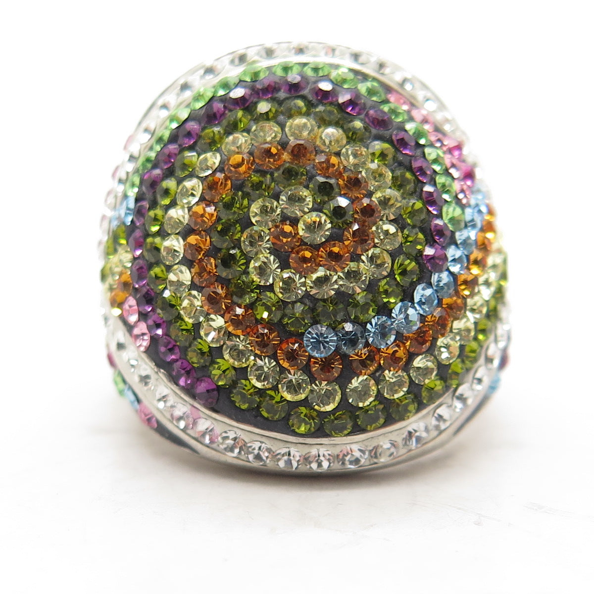 925 Sterling Silver Multi-Color Rhinestone Domed Ring Size 7.75