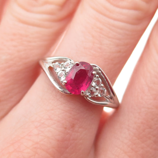 Chuck Clemency 925 Sterling Silver Real Ruby & White Topaz Bypass Ring Size 8