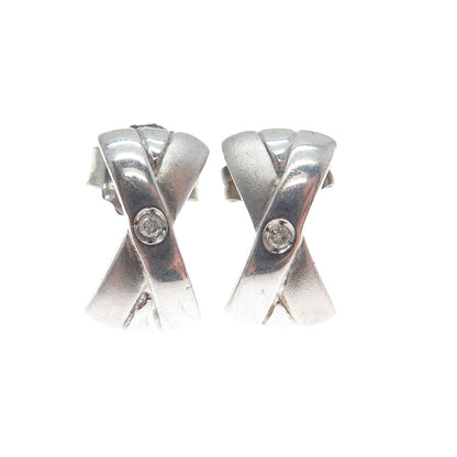 925 Sterling Silver Vintage Real Round-Cut Diamond Modernist X Shape Earrings