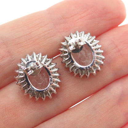 925 Sterling Silver Real Round-Cut Diamond & Oval-Cut Rose Quartz Earrings