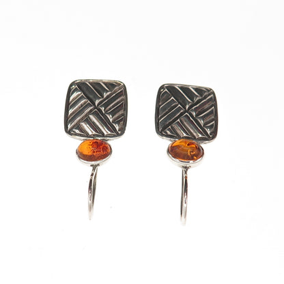 925 Sterling Silver Vintage Real Amber Modernist Oxidized Earrings
