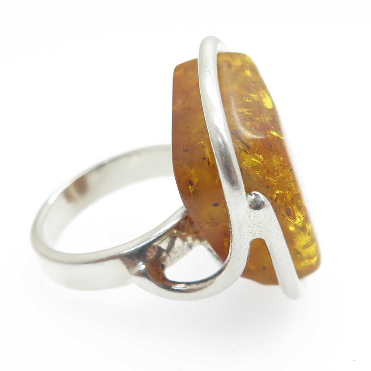 925 Sterling Silver Vintage European Real Amber Modernist Ring Size 6.75