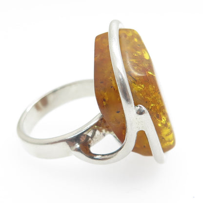 925 Sterling Silver Vintage European Real Amber Modernist Ring Size 6.75