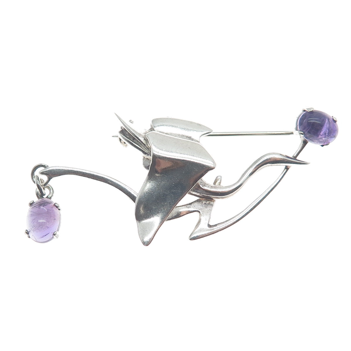 925 Sterling Silver Vintage Real Amethyst Modernist Stork Bird Pin Brooch
