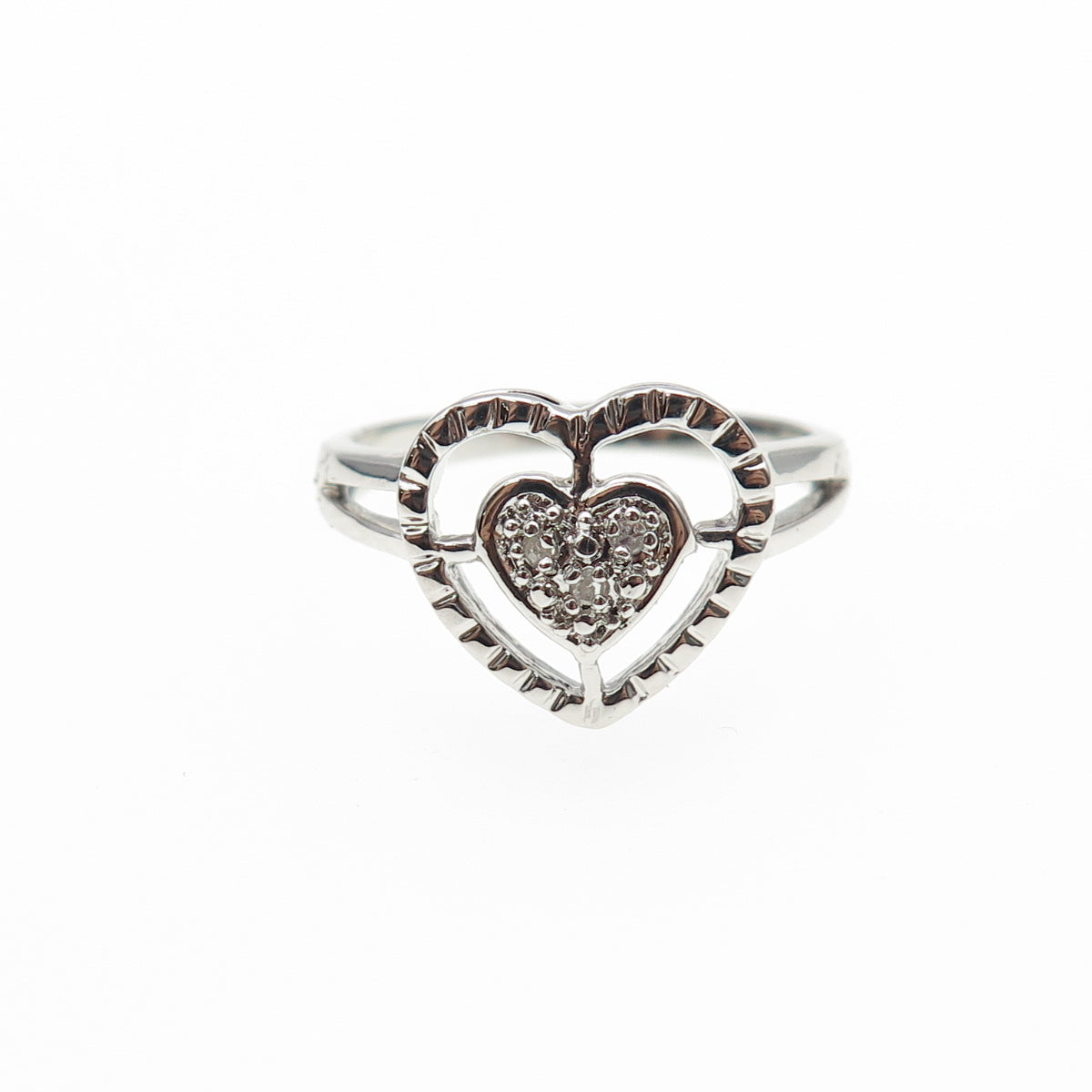 925 Sterling Silver Real Round-Cut Diamond Heart Ring Size 6