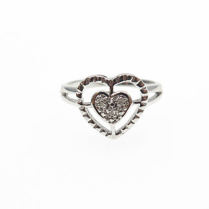 925 Sterling Silver Real Round-Cut Diamond Heart Ring Size 6