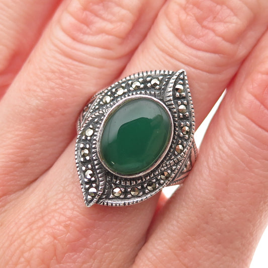 Chapal Zenray Sterling Silver Vintage Real Green Onyx & Marcasite Ring Size 8