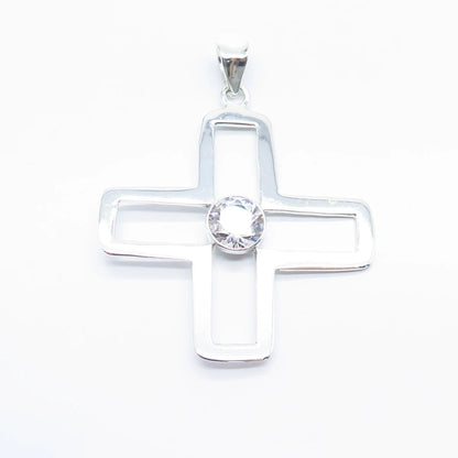 925 Sterling Silver Vintage Mexico Round-Cut C Z Cross Pendant